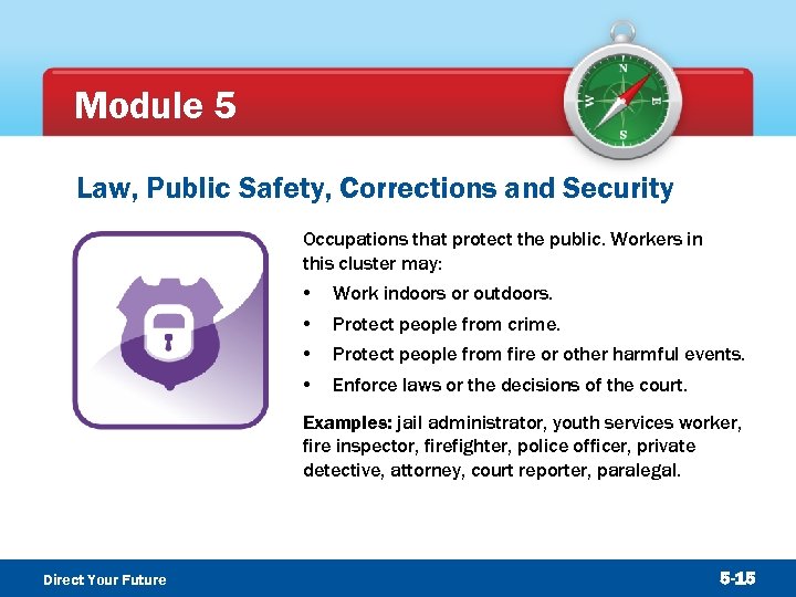 Module 5 Law, Public Safety, Corrections and Security Occupations that protect the public. Workers