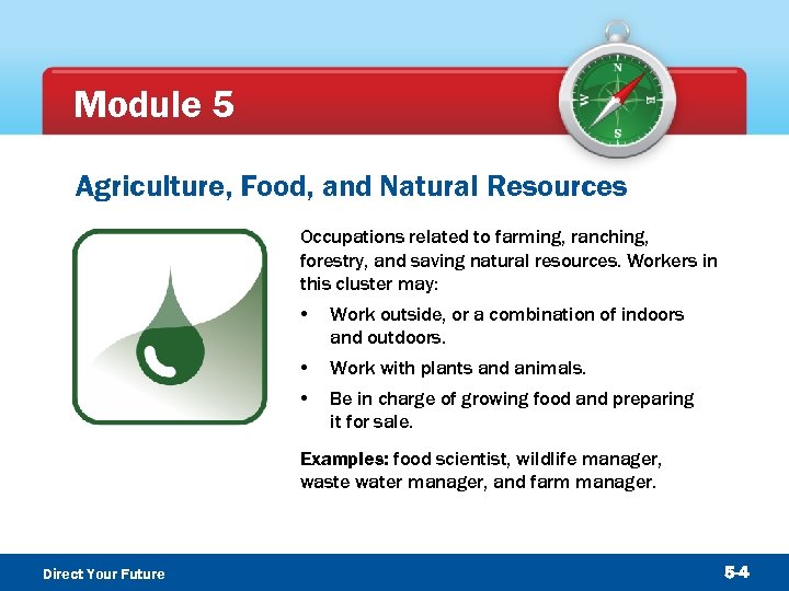 Module 5 Agriculture, Food, and Natural Resources Occupations related to farming, ranching, forestry, and