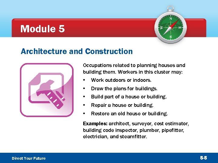 Module 5 Architecture and Construction Occupations related to planning houses and building them. Workers