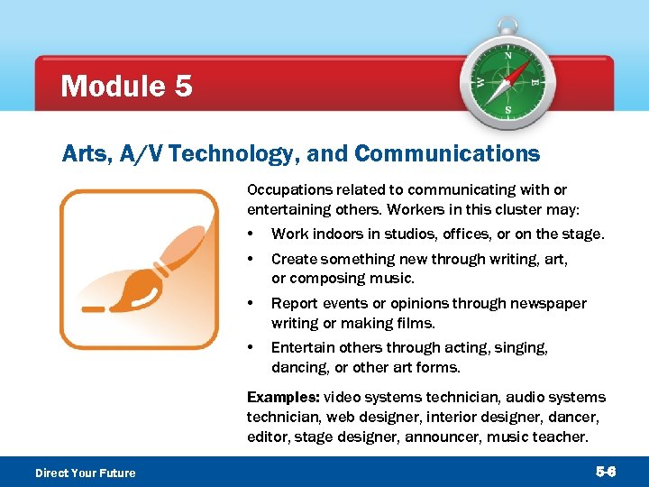Module 5 Arts, A/V Technology, and Communications Occupations related to communicating with or entertaining