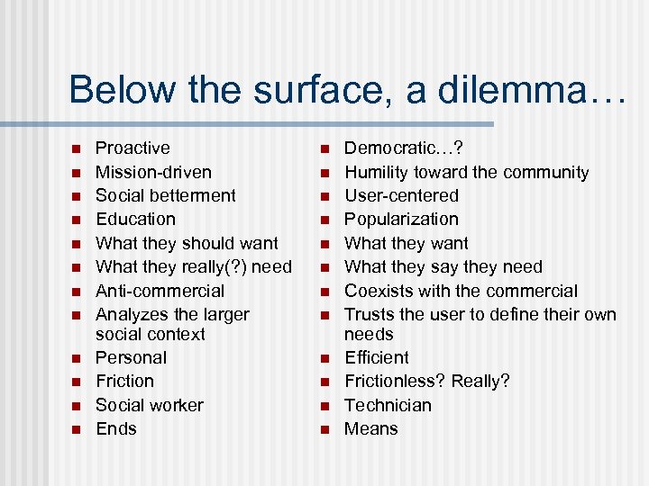 Below the surface, a dilemma… n n n Proactive Mission-driven Social betterment Education What