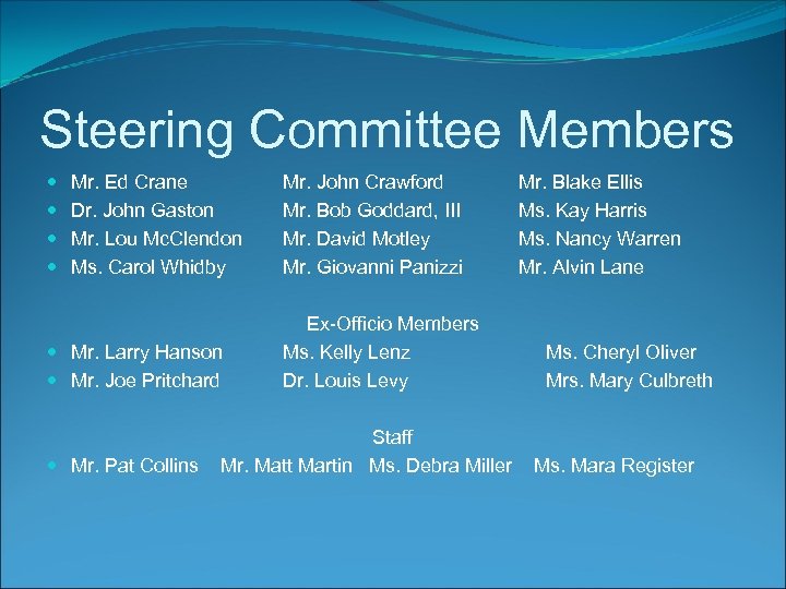 Steering Committee Members Mr. Ed Crane Dr. John Gaston Mr. Lou Mc. Clendon Ms.