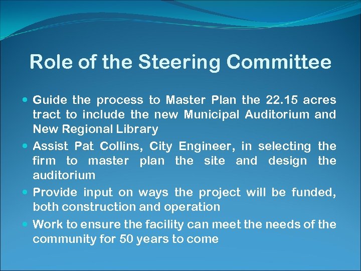 Role of the Steering Committee Guide the process to Master Plan the 22. 15