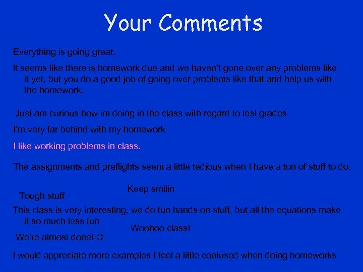 Your Comments Everything is going great. It seems like there is homework due and
