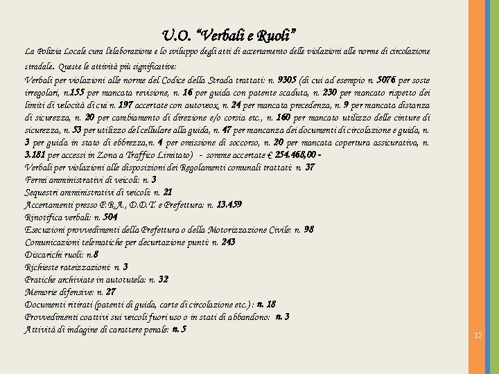 U. O. “Verbali e Ruoli” La Polizia Locale cura l'elaborazione e lo sviluppo degli