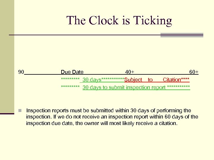 The Clock is Ticking 90 Due Date 40+ 60+ *****_30 days******Subject to Citation***** 30