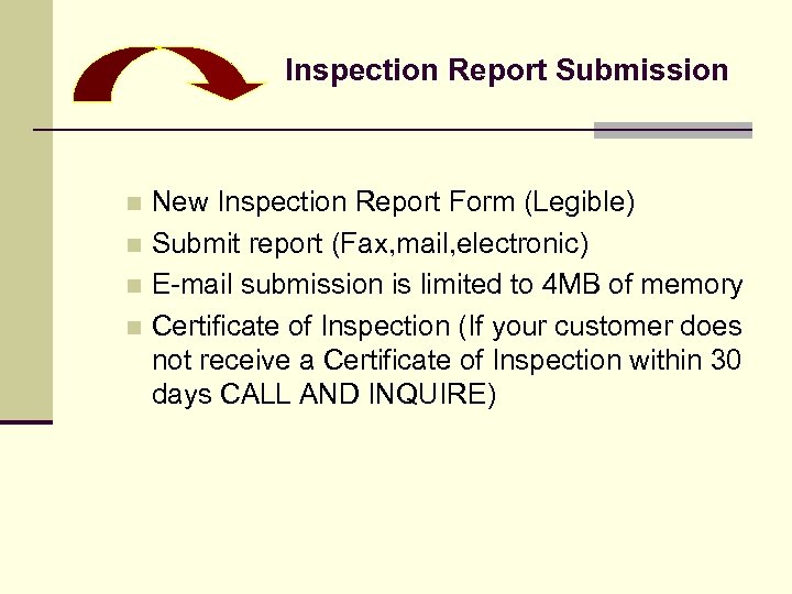 Inspection Report Submission New Inspection Report Form (Legible) n Submit report (Fax, mail, electronic)
