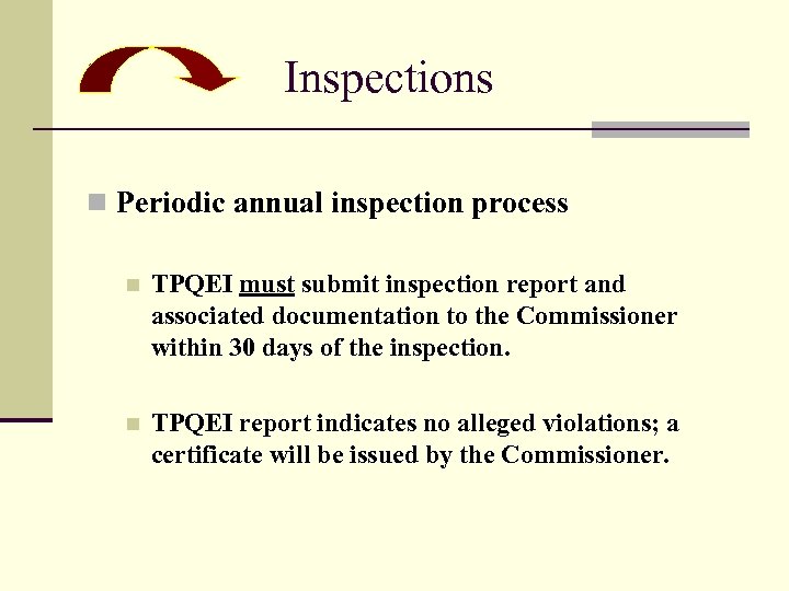 Inspections n Periodic annual inspection process n TPQEI must submit inspection report and associated