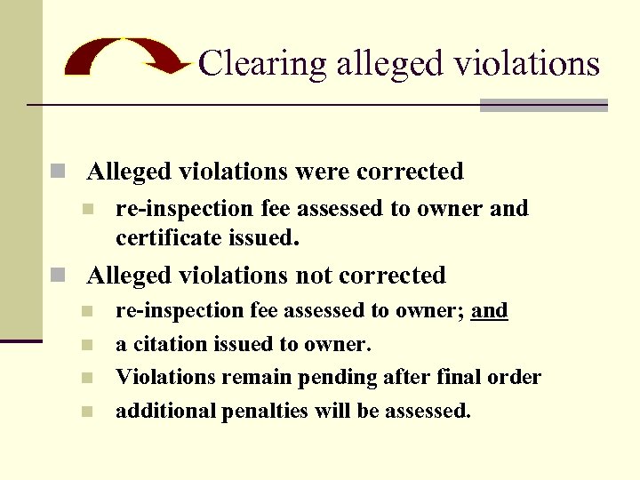 Clearing alleged violations n Alleged violations were corrected n re-inspection fee assessed to owner