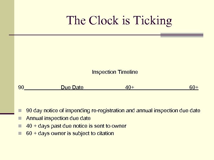 The Clock is Ticking Inspection Timeline 90 Due Date 40+ 60+ n 90 day
