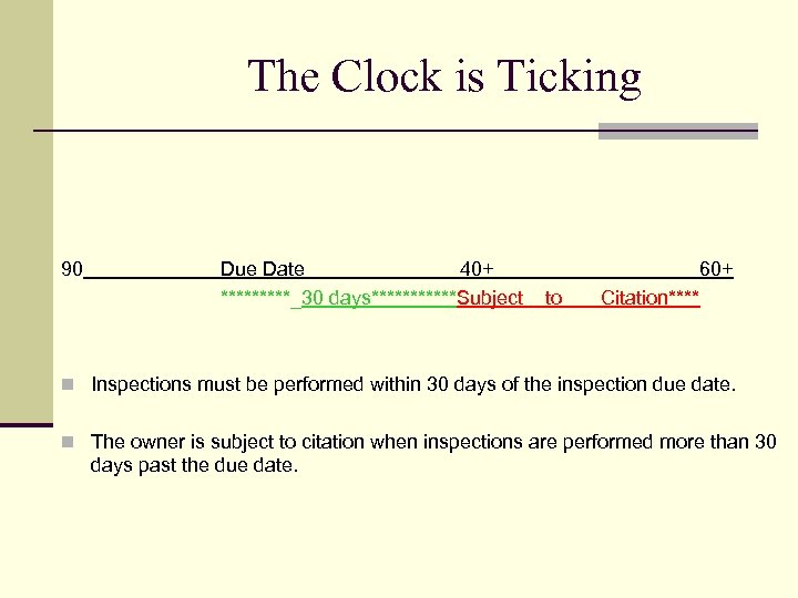 The Clock is Ticking 90 Due Date 40+ *****_30 days******Subject 60+ to Citation**** n