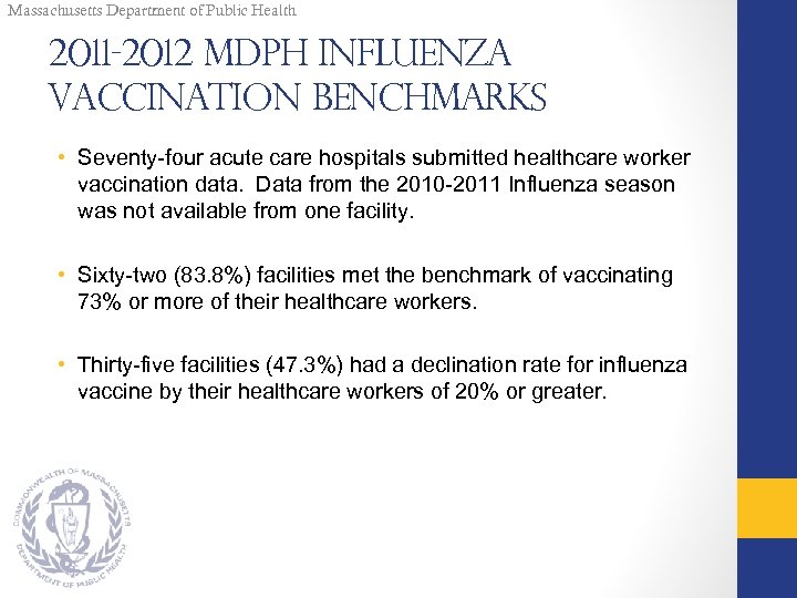 Massachusetts Department of Public Health 2011 -2012 MDPH Influenza Vaccination Benchmarks • Seventy-four acute
