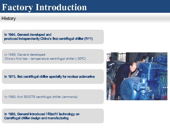 Factory Introduction History In 1964, General developed and produced independently China’s first centrifugal chiller