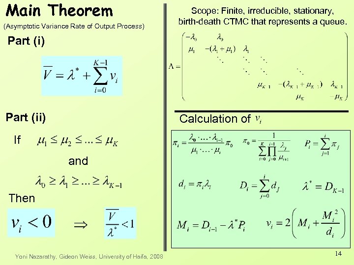 Main Theorem (Asymptotic Variance Rate of Output Process) Scope: Finite, irreducible, stationary, birth-death CTMC