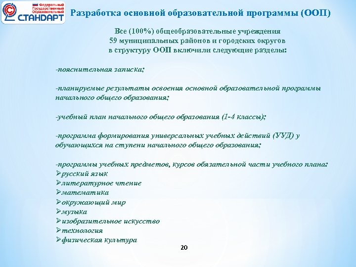Разработка основной образовательной программы (ООП) Все (100%) общеобразовательные учреждения 59 муниципальных районов и городских