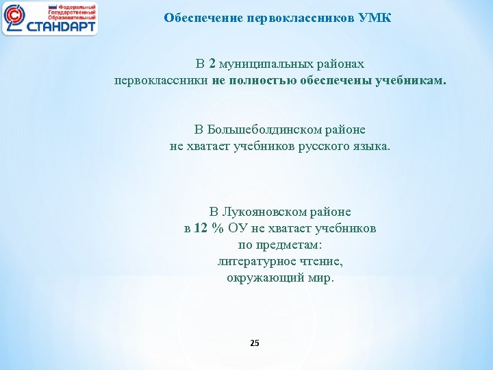 Обеспечение первоклассников УМК В 2 муниципальных районах первоклассники не полностью обеспечены учебникам. В Большеболдинском