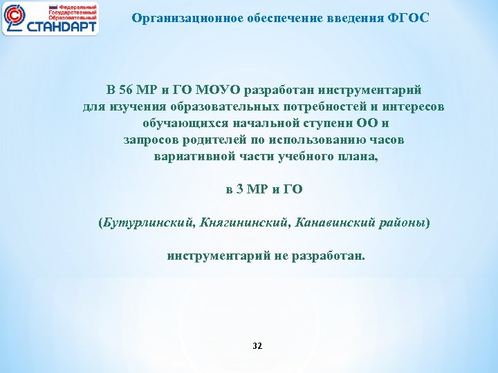 Организационное обеспечение введения ФГОС В 56 МР и ГО МОУО разработан инструментарий для изучения