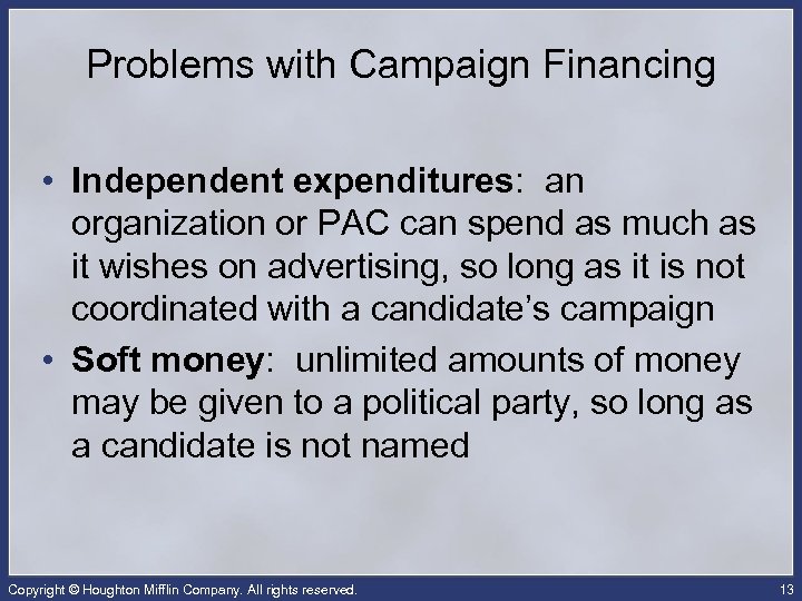 Problems with Campaign Financing • Independent expenditures: an organization or PAC can spend as