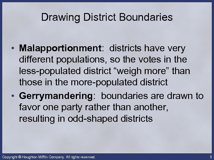 Drawing District Boundaries • Malapportionment: districts have very different populations, so the votes in