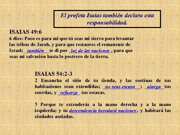 El profeta Isaías también declara esta responsabilidad. ISAIAS 49: 6 6 dice: Poco es