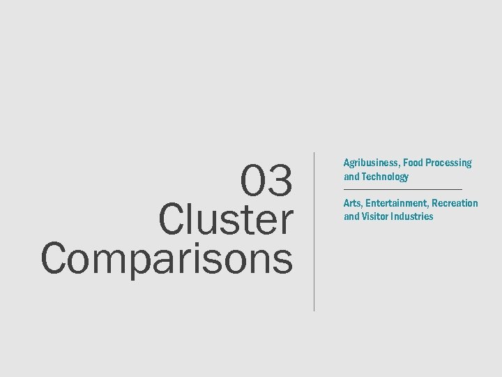 03 Cluster Comparisons Agribusiness, Food Processing and Technology Arts, Entertainment, Recreation and Visitor Industries