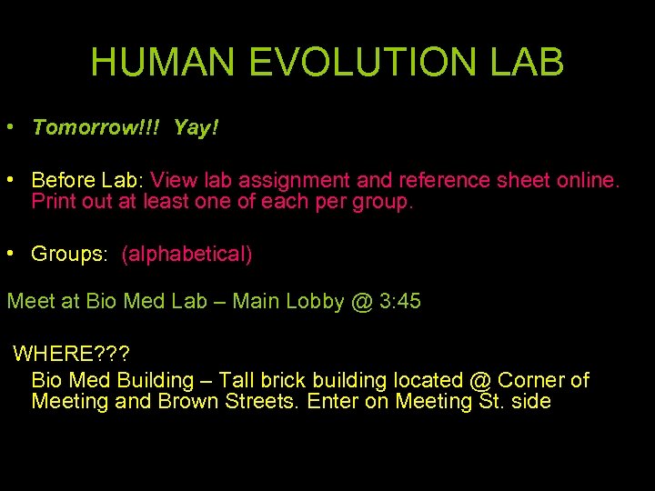 HUMAN EVOLUTION LAB • Tomorrow!!! Yay! • Before Lab: View lab assignment and reference