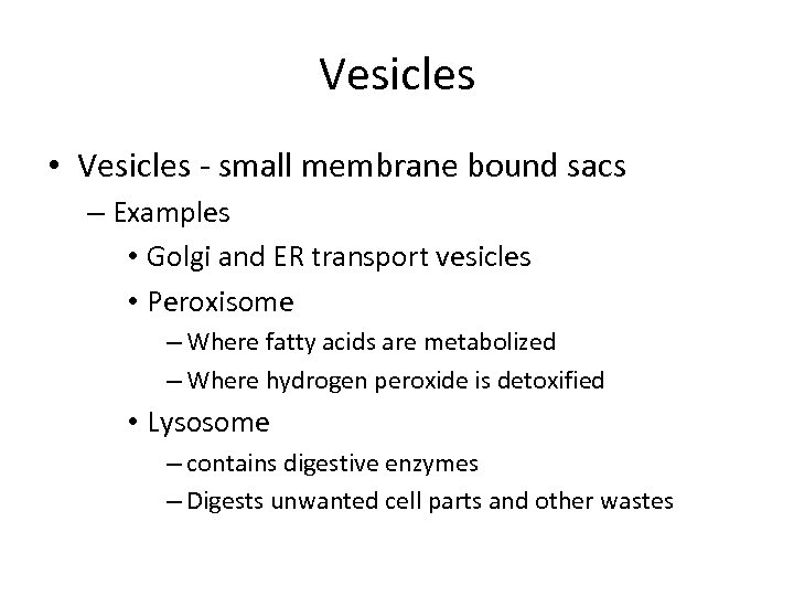 Vesicles • Vesicles - small membrane bound sacs – Examples • Golgi and ER