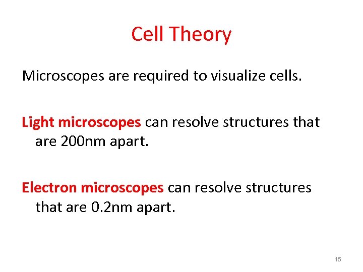 Cell Theory Microscopes are required to visualize cells. Light microscopes can resolve structures that