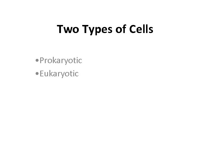 Two Types of Cells • Prokaryotic • Eukaryotic 