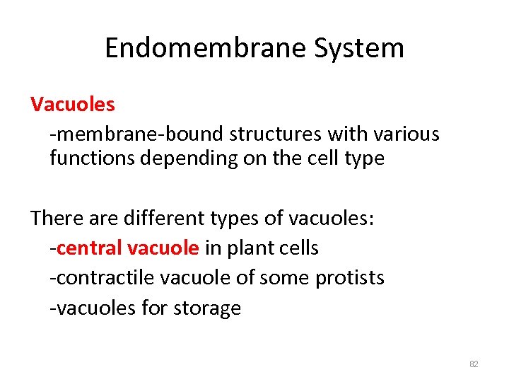 Endomembrane System Vacuoles -membrane-bound structures with various functions depending on the cell type There