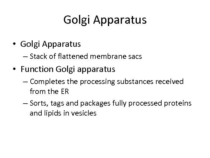 Golgi Apparatus • Golgi Apparatus – Stack of flattened membrane sacs • Function Golgi