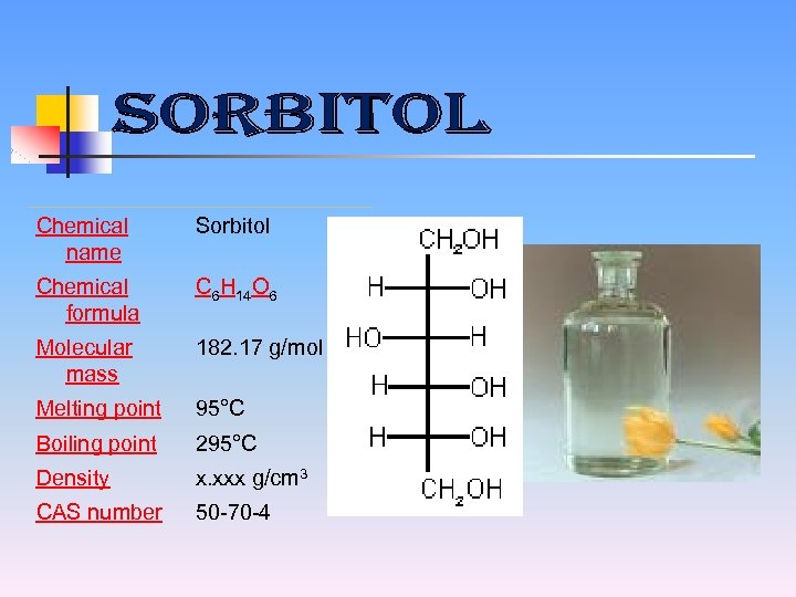 Chemical name Sorbitol Chemical formula C 6 H 14 O 6 Molecular mass 182.