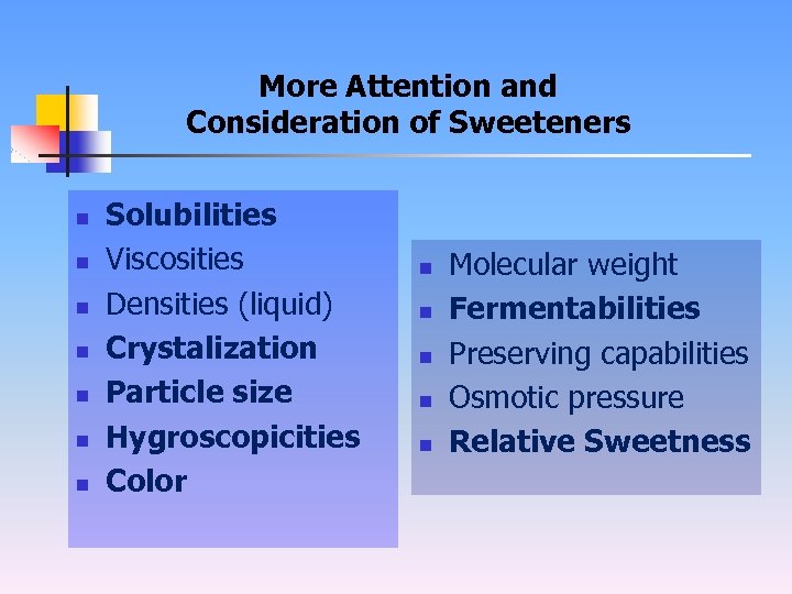 More Attention and Consideration of Sweeteners n n n n Solubilities Viscosities Densities (liquid)