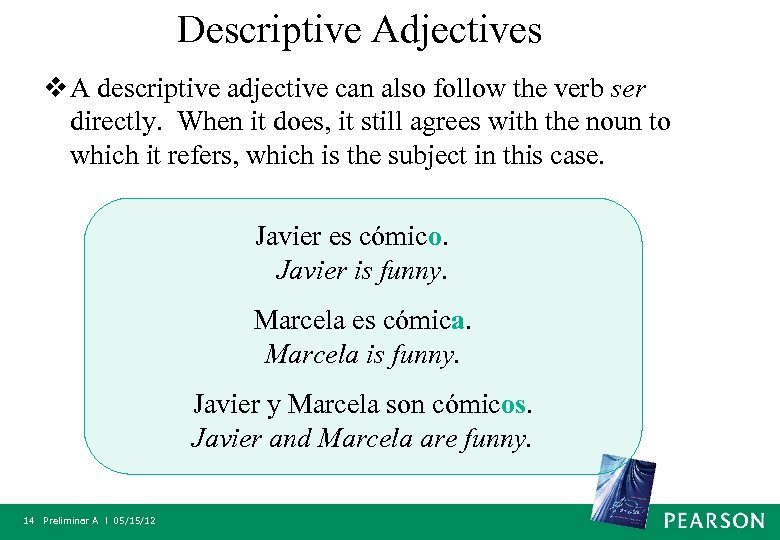 Descriptive Adjectives v A descriptive adjective can also follow the verb ser directly. When