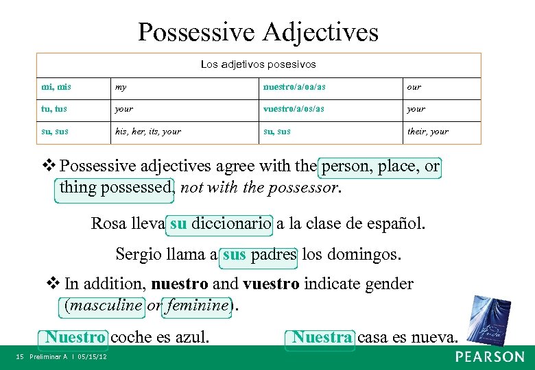 Possessive Adjectives Los adjetivos posesivos mi, mis my nuestro/a/oa/as our tu, tus your vuestro/a/os/as