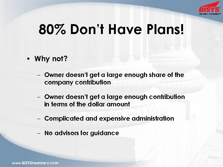 Your Vision • Our Solutions™ 80% Don’t Have Plans! • Why not? – Owner