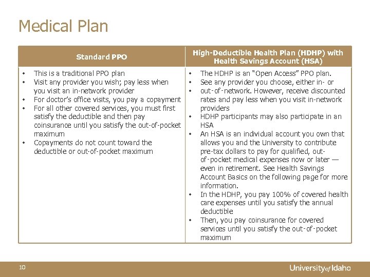 Medical Plan High-Deductible Health Plan (HDHP) with Health Savings Account (HSA) Standard PPO •