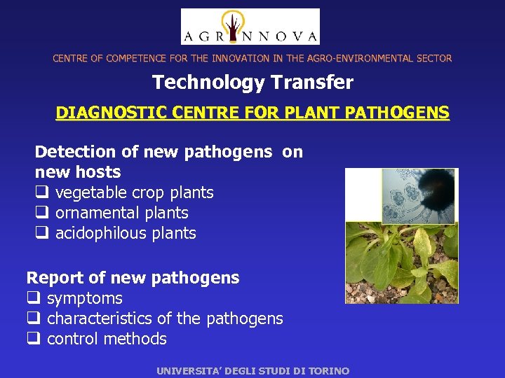 CENTRE OF COMPETENCE FOR THE INNOVATION IN THE AGRO-ENVIRONMENTAL SECTOR Technology Transfer DIAGNOSTIC CENTRE