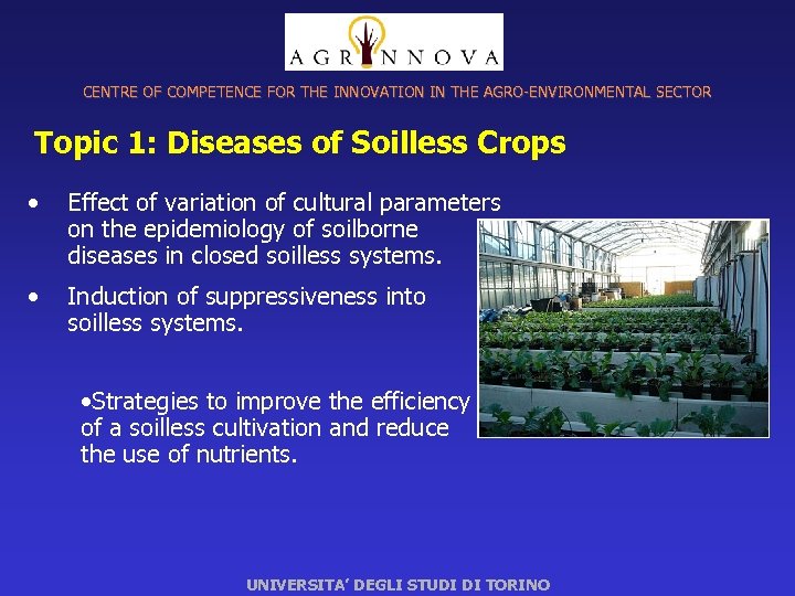 CENTRE OF COMPETENCE FOR THE INNOVATION IN THE AGRO-ENVIRONMENTAL SECTOR Topic 1: Diseases of