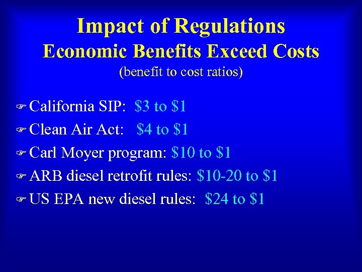 Impact of Regulations Economic Benefits Exceed Costs (benefit to cost ratios) F California SIP:
