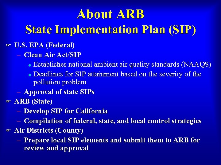 About ARB State Implementation Plan (SIP) F F F U. S. EPA (Federal) –