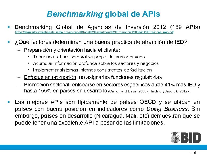Benchmarking global de APIs § Benchmarking Global de Agencias de Inversión 2012 (189 APIs)