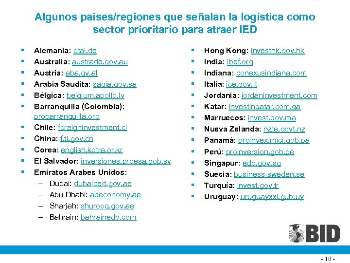 Algunos países/regiones que señalan la logística como sector prioritario para atraer IED § §