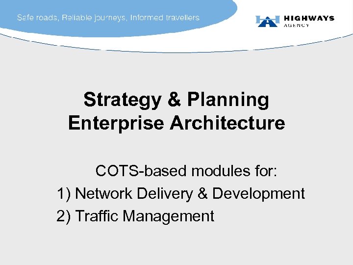 Strategy & Planning Enterprise Architecture COTS-based modules for: 1) Network Delivery & Development 2)