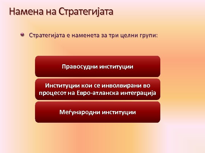 Намена на Стратегијата е наменета за три целни групи: Правосудни институции Институции кои се