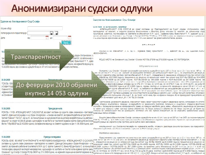 Анонимизирани судски одлуки Транспарентност До февруари 2010 објавени вкупно 14 053 одлуки 