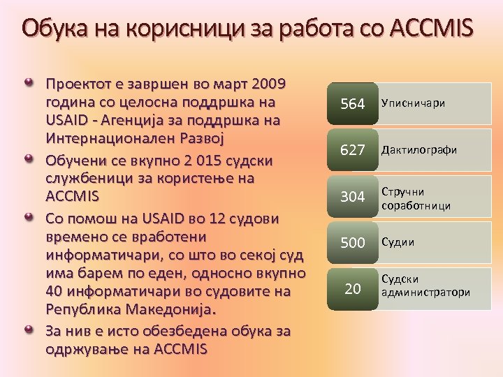 Обука на корисници за работа со ACCMIS Проектот е завршен во март 2009 година