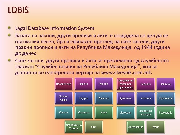 LDBIS Legal Data. Base Information System Базата на закони, други прописи и акти е