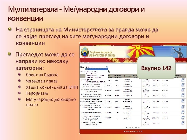 Мултилатерала - Меѓународни договори и конвенции На страницата на Министерството за правда може да