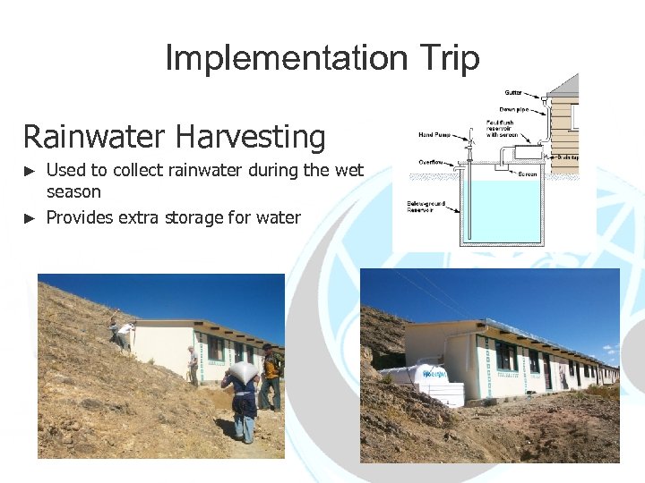 Implementation Trip Rainwater Harvesting Used to collect rainwater during the wet season ► Provides